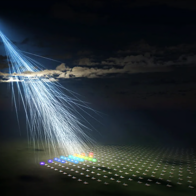 Artystyczna wizja niezwykle energetycznego promienia kosmicznego obserwowanego w ramach Telescope Array Collaboration./
