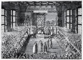 Żółkiewski przedstawia królowi Zygmuntowi III i królewiczowi Władysławowi na sejmie 1611 r. pojmanych carów Szujskich. Sztych Tomasza Makowskiego według Tomasza Dolabelli.