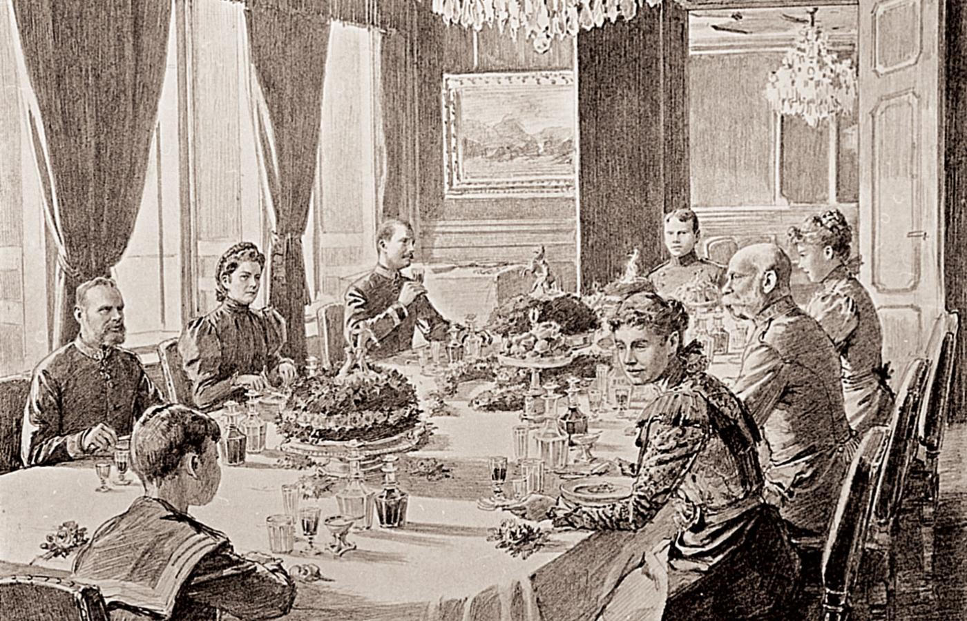 Rodzina przy obiedzie w Bad Ischl, rysunek Theo Zahne’a, 1890 r.