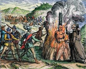 Egzekucja wodza Indian na Kubie; grafika z „Krótkiej relacji o wyniszczeniu Indian” dominikanina Bartolomé de Las Casasa z XVI w.