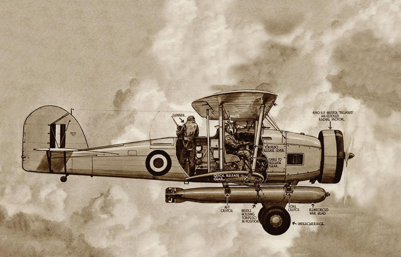 Rysunek z prasy brytyjskiej przedstawiający typ samolotu użyty do ataku na flotę włoską w Tarencie.