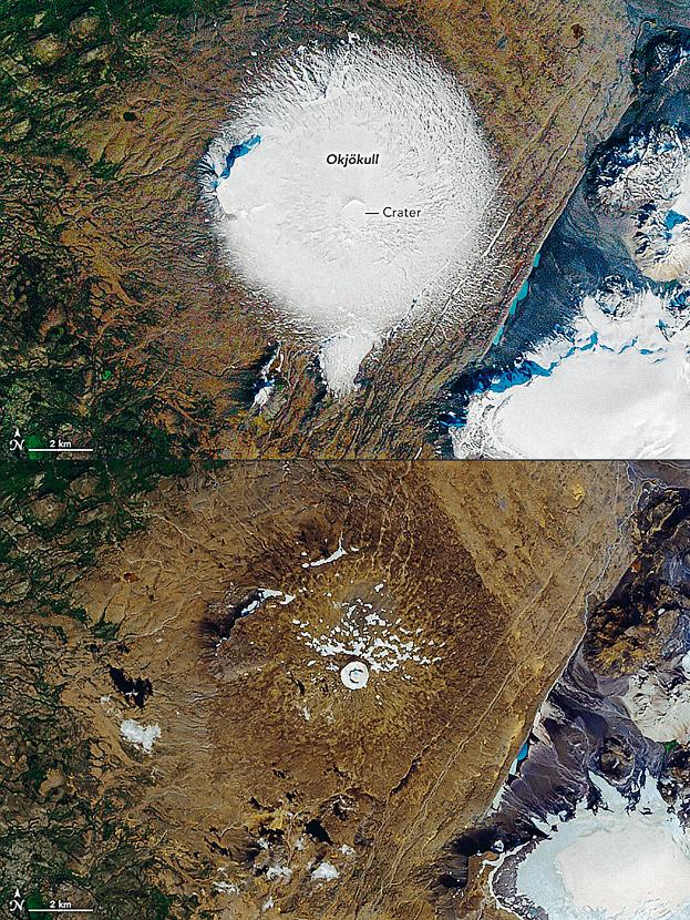 Po islandzkim lodowcu Okjökull została tylko tablica pamiątkowa. Rok temu Magnason odprawił tu „ceremonię pogrzebową”. Na zdjęciach NASA stan z roku 1986 (góra) i 2019 (dół).