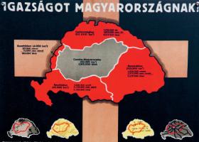 Fragment plakatu z epoki „Sprawiedliwość dla Węgier” przedstawia mapę z 1914 r. rozpiętą na krzyżu, z zaznaczonymi na niej terytoriami odebranymi w wyniku traktatu w Trianon na rzecz Austrii, Czechosłowacji, Rumunii oraz Królestwa Serbów, Chorwatów i Słoweńców (późniejsza Jugosławia), z wyliczeniem utraconej powierzchni i ludności.