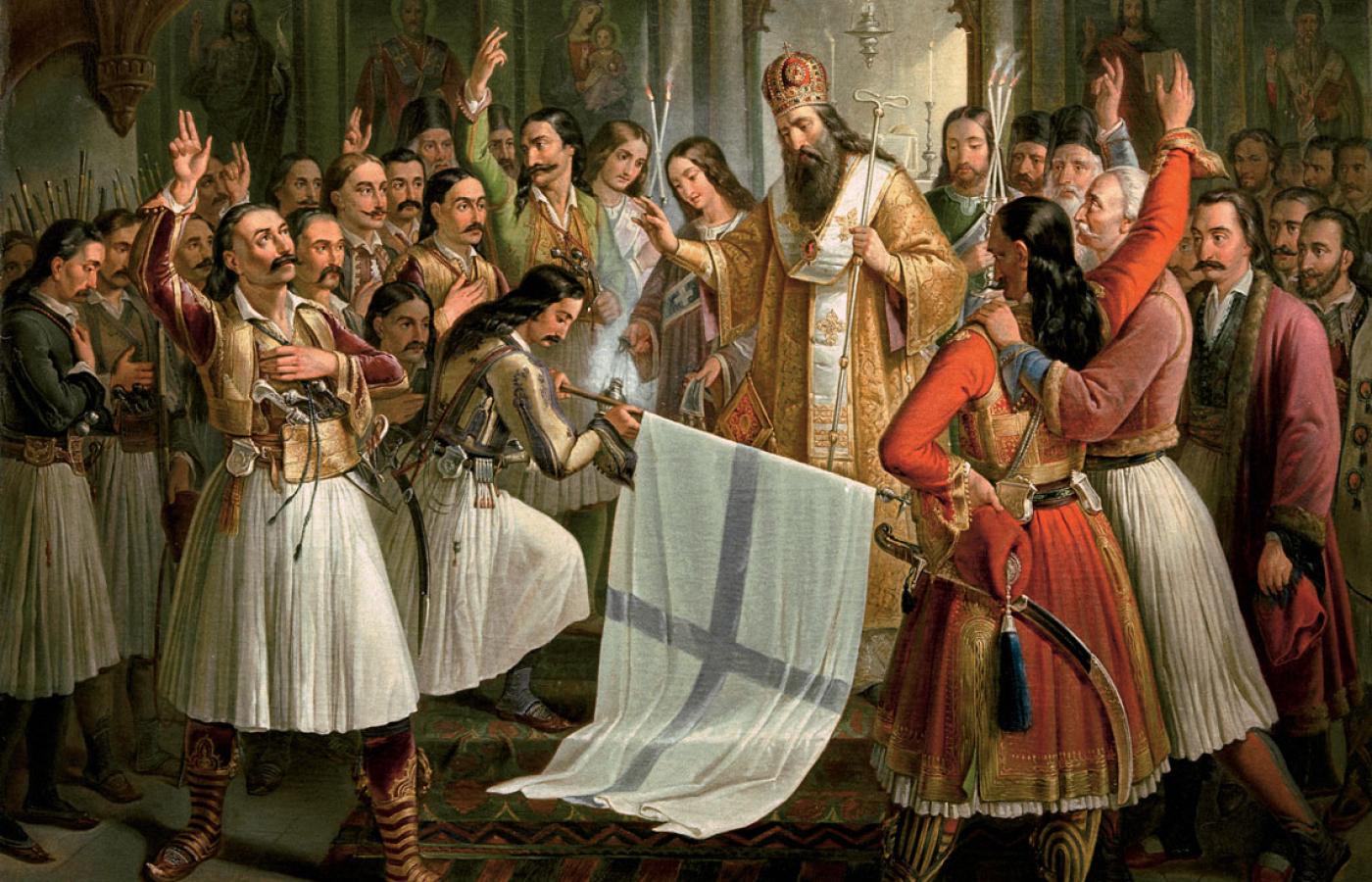 Biskup Patros, błogosławi sztandar w czasie greckich walk o niepodległość w latach 1821-30. Obraz Theodorosa Vryzakisa z 1865 r.