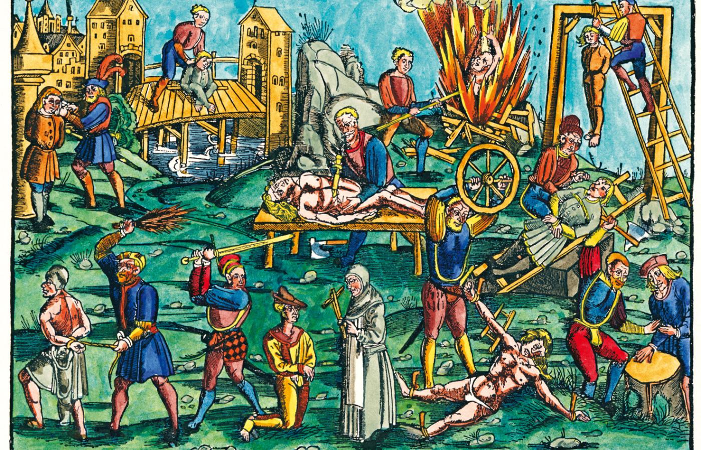 Rodzaje kaźni w średniowieczu. Kolorowy drzeworyt niemiecki z 1512 r.