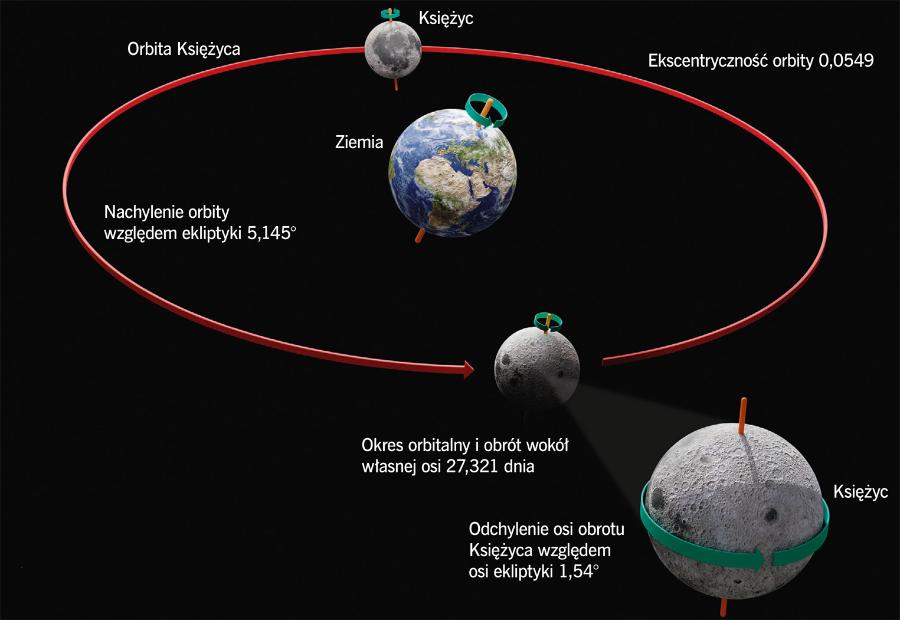 Orbita Księżyca wokół Ziemi. Odległość pomiędzy obiektami wynosi 363–405 km.