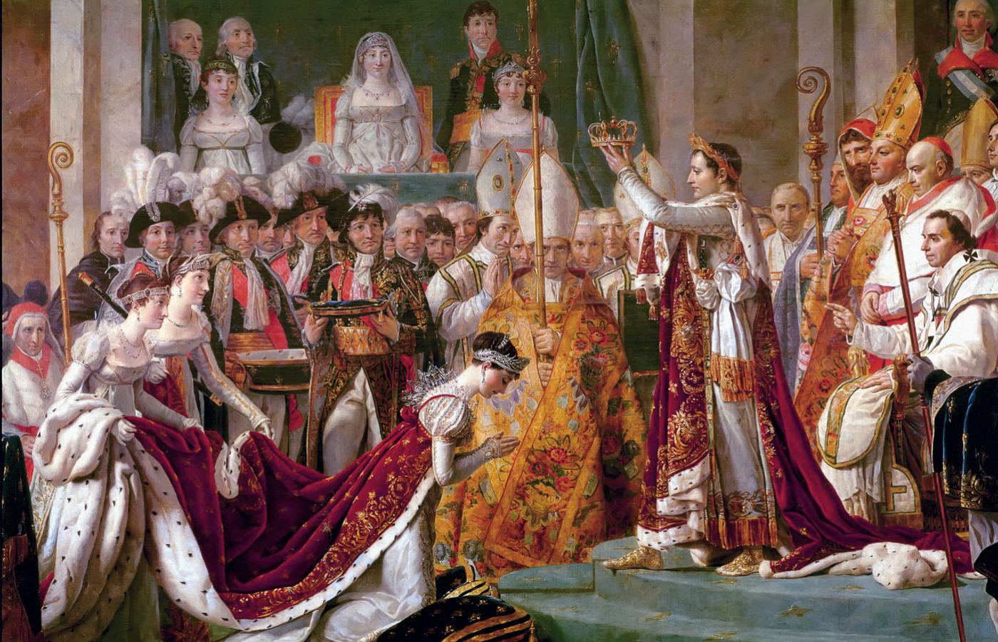 Koronacja Napoleona w katedrze Notre Dame. Bonaparte (1) został cesarzem 2 grudnia 1804 r.; chciał go koronować papież Pius VII (2), który zawarł z republikańską Francją konkordat w 1801 r. Napoleon wyrwał mu koronę i sam założył na głowę, a następnie koronował żonę Józefinę (3). Obraz Jacques’a Louisa Davida.