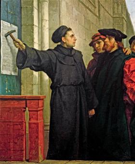 Motyw przybijania tez do drzwi kościoła pojawił się dopiero w XIX w., tu na obrazie Ferdinanda Pauwelsa z 1872 r.