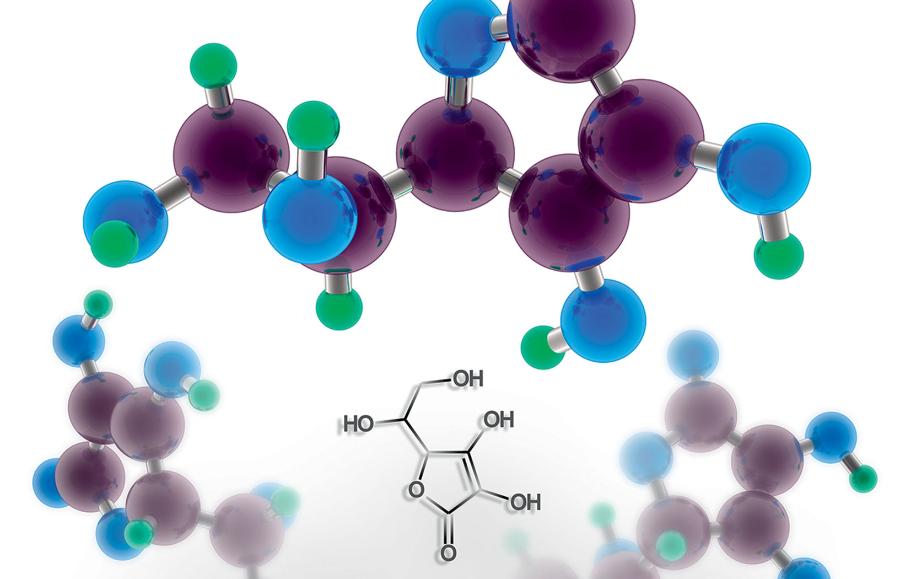 Model cząsteczki kwasu askorbinowego (węgiel C - fioletowy, tlen O – niebieski, wodór H – zielony).