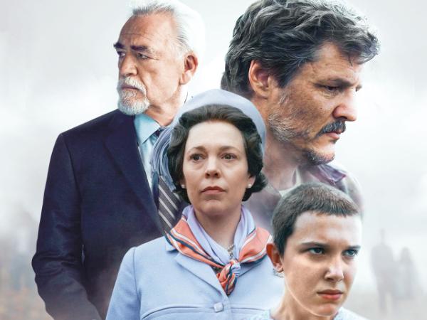 Od lewej: Brian Cox jako Logan Roy w „Sukcesji”. Pedro Pascal jako Joel Miller w „The Last of Us”. Olivia Colman jako królowa Elżbieta II w „The Crown”. Millie Bobby Brown jako Jedenastka w „Stranger Things”.