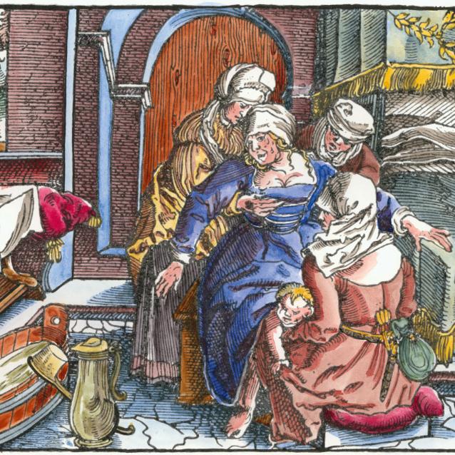 Rodząca w długiej sukni siedzi na krześle porodowym. Pokolorowany drzeworyt z XVI w.
