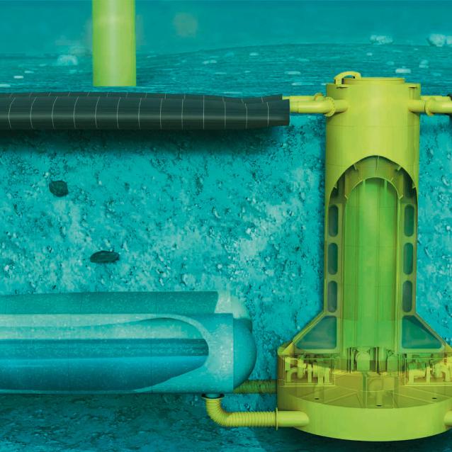 W Ocean Battery woda z ogromną siłą naciska na wypełniony powietrzem pęcherz (czarny).