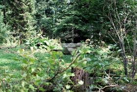 Cmentarz w Beniowej z podmurówką cerkwi, krzyżami z cerki i tajemniczą rybą: prawdopodobnie podstawa chrzcielnicy.