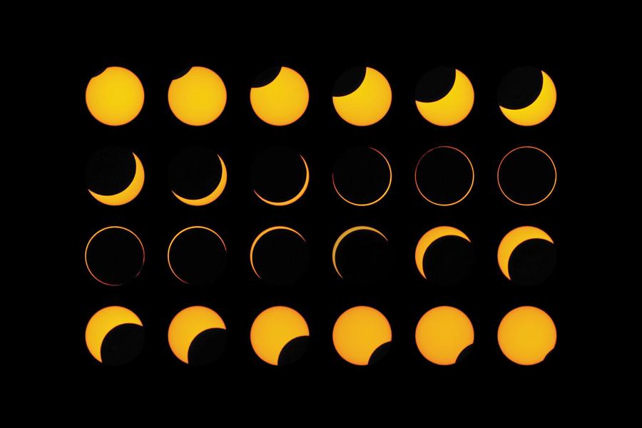 Rozwój obrączkowego zaćmienia Słońca z lutego 2017 roku, sfotografowany przez autora w Patagonii w Argentynie.