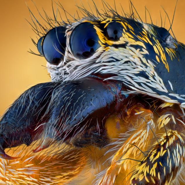 Salticus scenicus w zbliżeniu.
