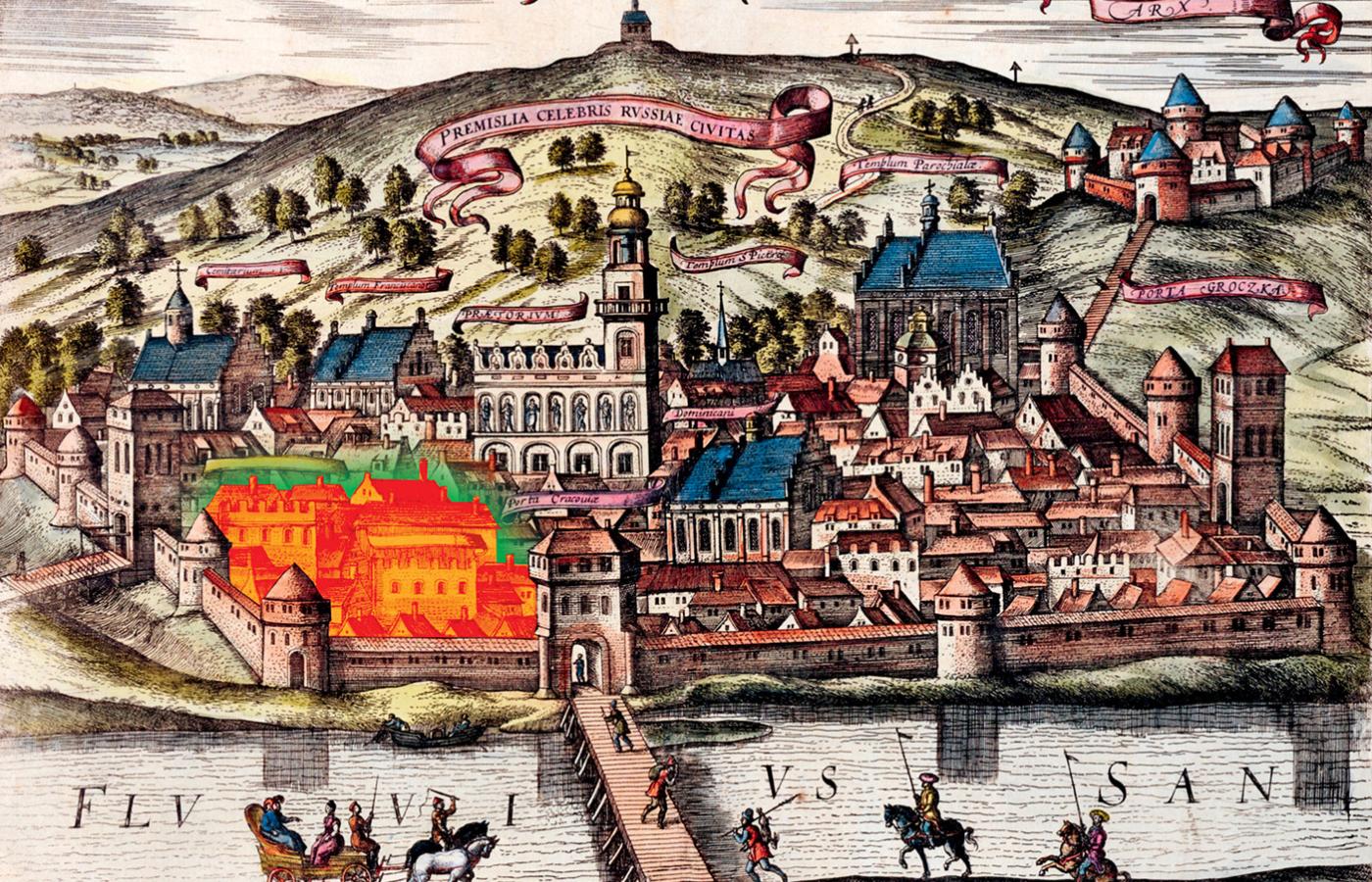 Panorama Przemyśla, atlas niemiecki z 1615 r.; zaznaczyliśmy kwartał żydowski.