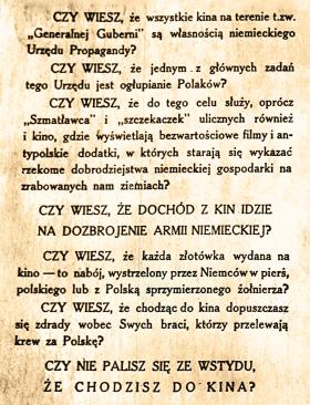 Okupacyjna ulotka wydana przez podziemie dla chodzących do kina