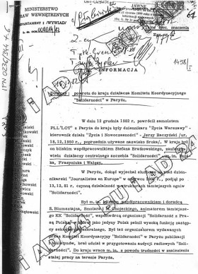 Kopia dokumentu wywiadu dotycząca Jerzego Baczyńskiego z 15 grudnia 1982 r.