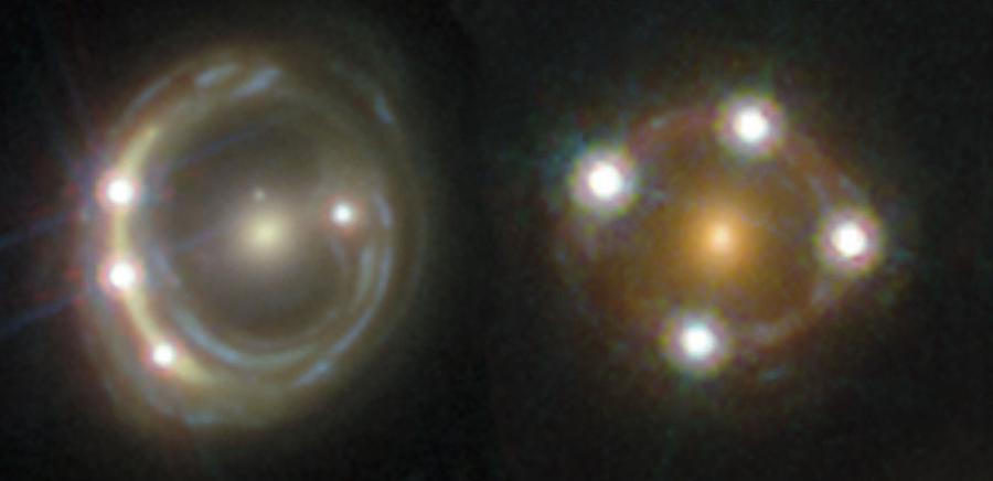 Obrazy kwazarów soczewkowane przez galaktykę leżącą bliżej obserwatora. To dzięki ich obserwacjom astronomowie z grupy H0LiCOW zmierzyli stałą Hubble’a.