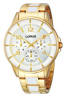 RP654AX9. Wyjątkowy złoty zegarek Lorus z białymi wstawkami na bransolecie, multidata, koperta 38 mm, wodoszczelność 50 m. Cena: 449 zł.