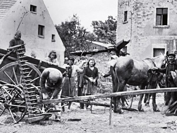 Gospodarstwo repatriantów z Francji w Pyrzycach koło Dębicy, 1948 r.