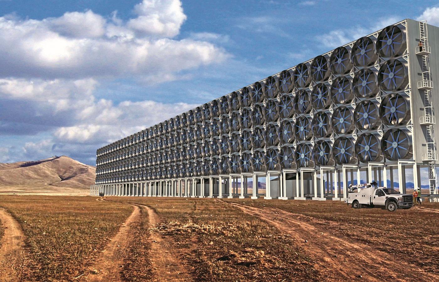 Wielkie turbiny oczyszczają atmosferę, napędzając powietrze do wychwytywaczy CO2. Wizualizacja.