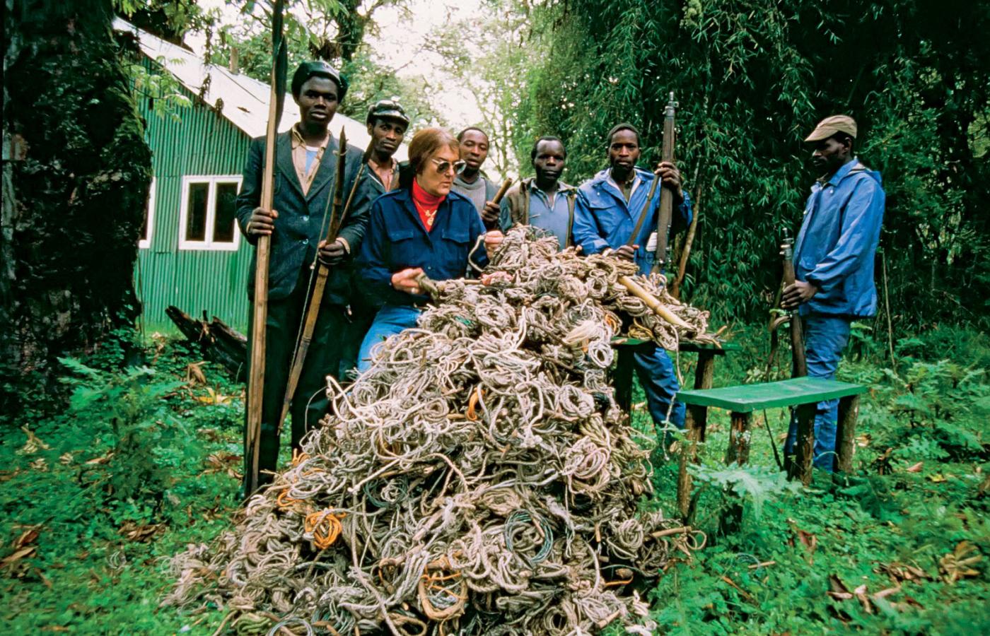Dian Fossey wśród tubylców, którzy pomagali jej w zwalczaniu kłusowników i niszczeniu pułapek na zwierzęta.