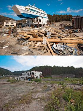 Otsuchi, tuż po tsunami i dziś.