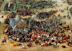 Bitwa pod Kircholmem (1605 r.). Fragment obrazu z epoki (Petera Sayersa) przedstawiający husarię w okresie świetności. Jej wygląd mocno odbiega od popularnych wyobrażeń.