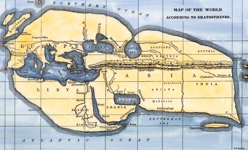 Lądy i oceany na mapie Eratostenesa, III w. p.n.e.