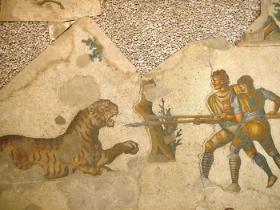 Mozaika bizantyjska z V w. ukazująca dwóch gladiatorów walczących z tygrysem.
