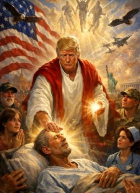 Mem przedstawiający Donalda Trumpa wystylizowanego na Jezusa. Sam prezydent tłumaczył, że obrazek przedstawia go „jako doktora”.