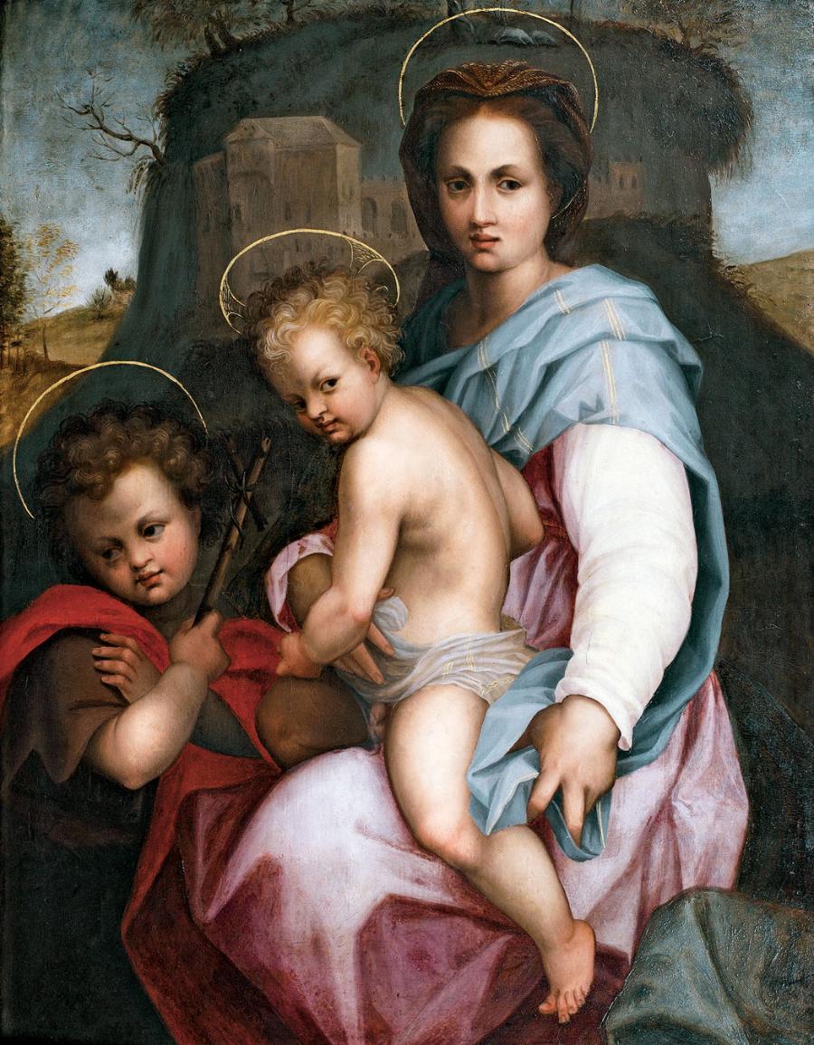 Obraz z pracowni Andrea del Sarto (właśc. Andrea d'Agnolo di Francesco di Luca), „Madonna z Dzieciątkiem i świętym Janem Chrzcicielem”, po 1520 r.