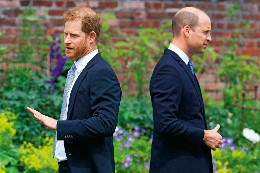 Książę Harry i książę William podczas odsłonięcia pomnika księżnej Diany w Kensinton Palace, Londyn 2021 r.