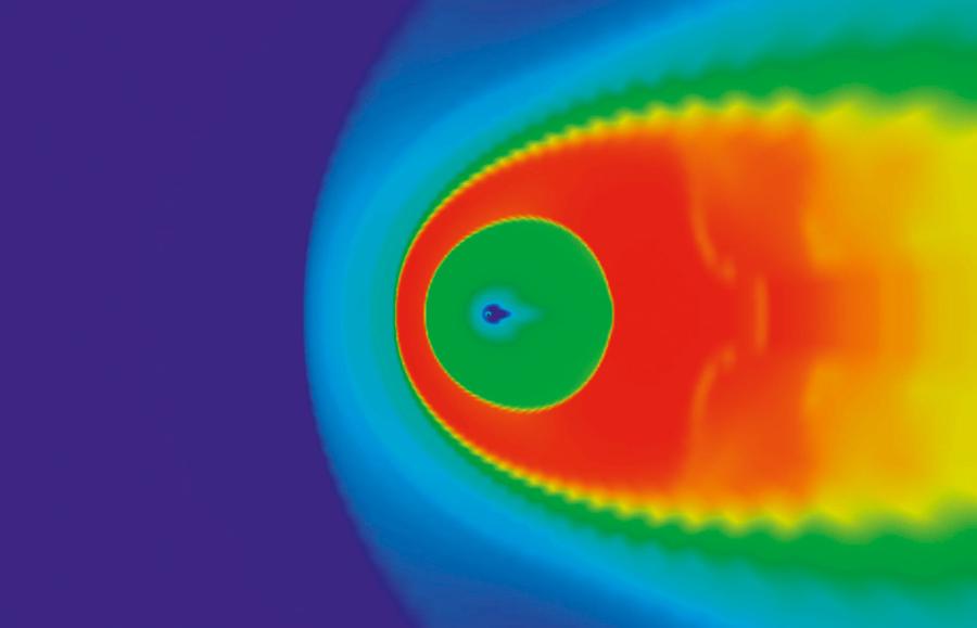 Magnetohydrodynamiczny model heliosfery, ukazujący, jak oddziałuje ona w zetknięciu z międzygwiazdowym medium, czyli dalszym kosmosem. Słońce i orbita Ziemi znajdują się w małym niebieskim punkcie wewnątrz zielonego kolistego obszaru. Kolory ilustrują rozkład temperatur.