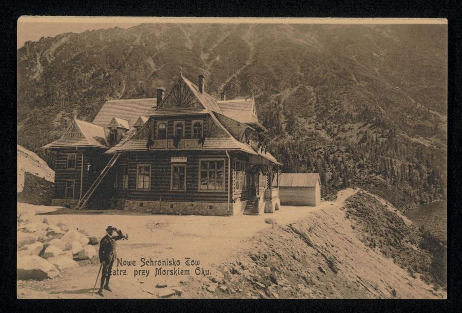 W 1908 r. Towarzystwo Tatrzańskie zbudowało nad Morskim Okiem tzw. Nowe Schronisko. Stoi tam do dziś. Fotografia wykonana kilka lat po powstaniu schroniska.