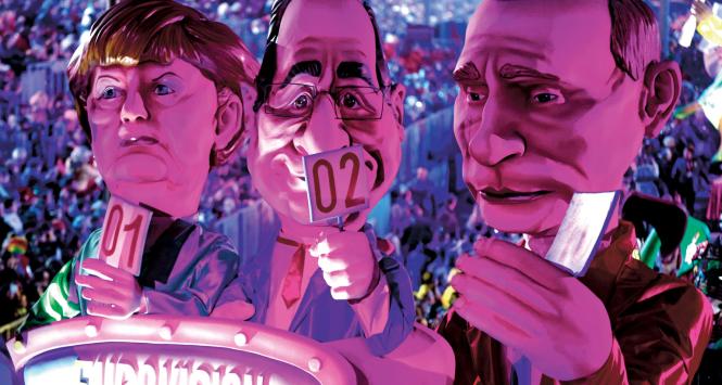 Kanclerz Angela Merkel, prezydent Francois Hollande i prezydent Putin jako jurorzy Eurowizji na paradzie podczas tegorocznego karnawału w Nicei.