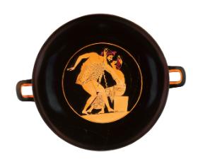 Scena męskich zalotów na kyliksie, greckim naczyniu do picia wina, 515–500 r. p.n.e., obecnie w Getty Museum.