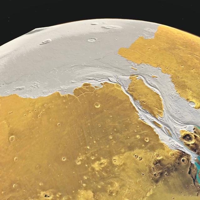 Wizja lodowca spływającego do północnomarsjańskiego oceanu.