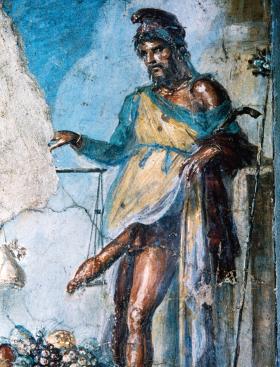 Priap z potężnym fallusem ze ściany domu w Pompejach (I w. n.e.).