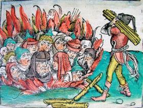 Spalenie żydów w Deggendorfie w 1338 r., ilustracja Michaela Wolgemuta z XV-wiecznej „Kroniki świata”.