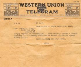 Telegram z zawiadomieniem o śmierci żołnierza amerykańskiego Wesleya Creecha na froncie w Belgii w sierpniu 1918 r.