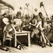 Żołnierze austriaccy płacą chłopom za głowy dziedziców pomordowanych w czasie rzezi galicyjskiej w 1846 r., francuski staloryt z XIX w.