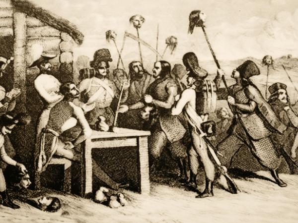 Żołnierze austriaccy płacą chłopom za głowy dziedziców pomordowanych w czasie rzezi galicyjskiej w 1846 r., francuski staloryt z XIX w.