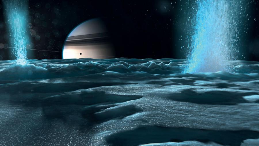 Lodowe wulkany na Enceladusie – ­niewielkim księżycu Saturna (wizja artystyczna).