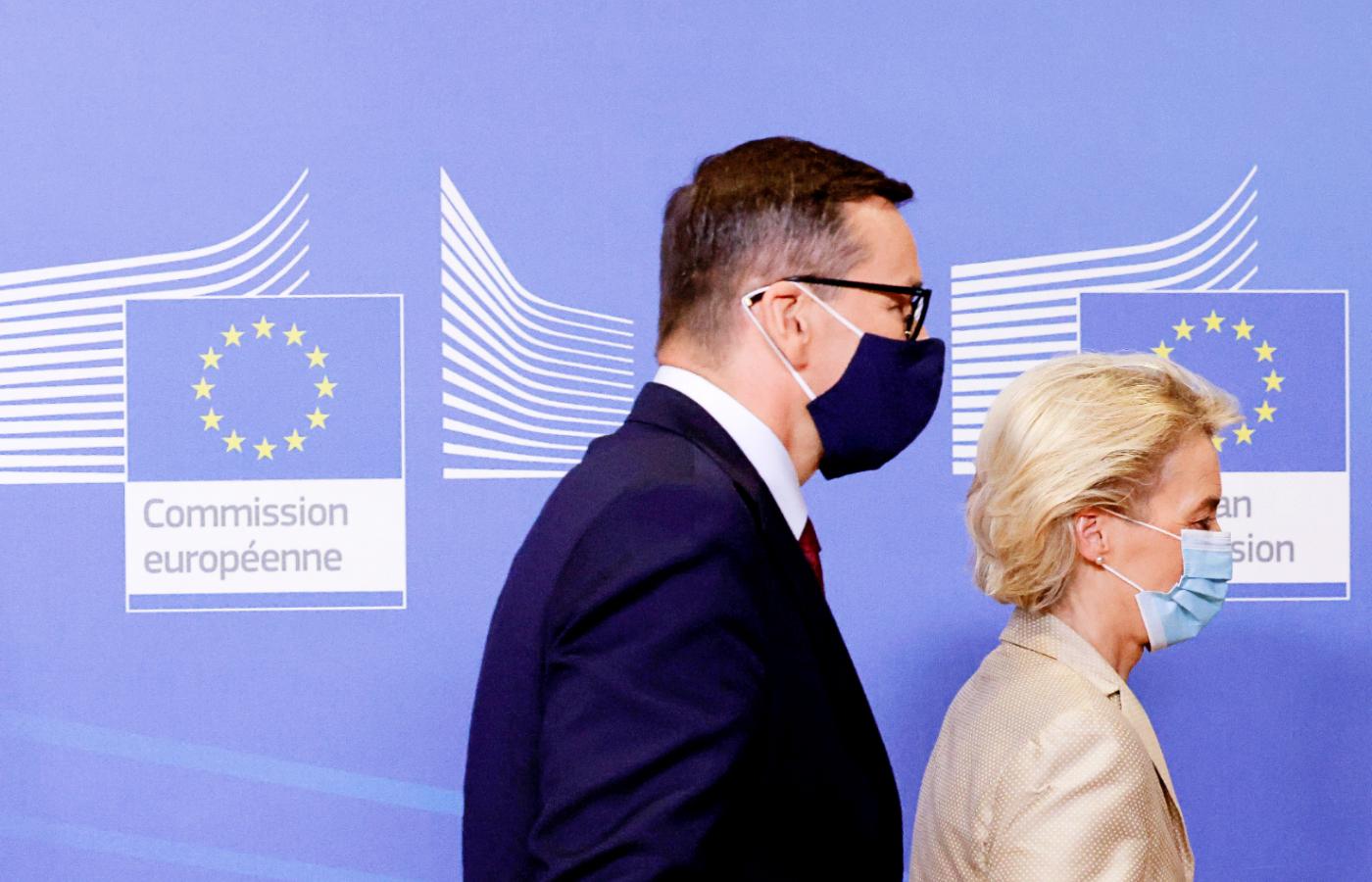 Premier Mateusz Morawiecki i szefowa Komisji Europejskiej Ursula von der Leyen w Brukseli. 13 lipca 2021 r.