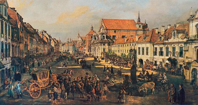 Wszystkie stany na Krakowskim Przedmieściu w Warszawie, fragment obrazu Canaletta, 1774 r.