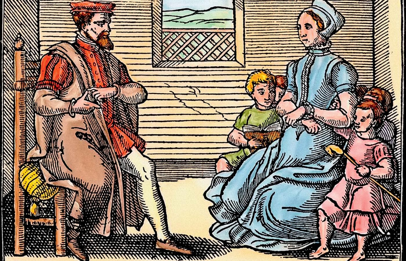 Rodzina purytańska w Anglii, drzeworyt z XVII w.