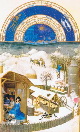 Zima we wsi. Ilustracja braci Limbourg z „Bardzo bogatych godzinek księcia Jana de Berry”, 1413 r.