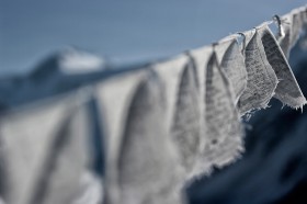 Buddyjskie flagi modlitewne na tle Bieluchy.